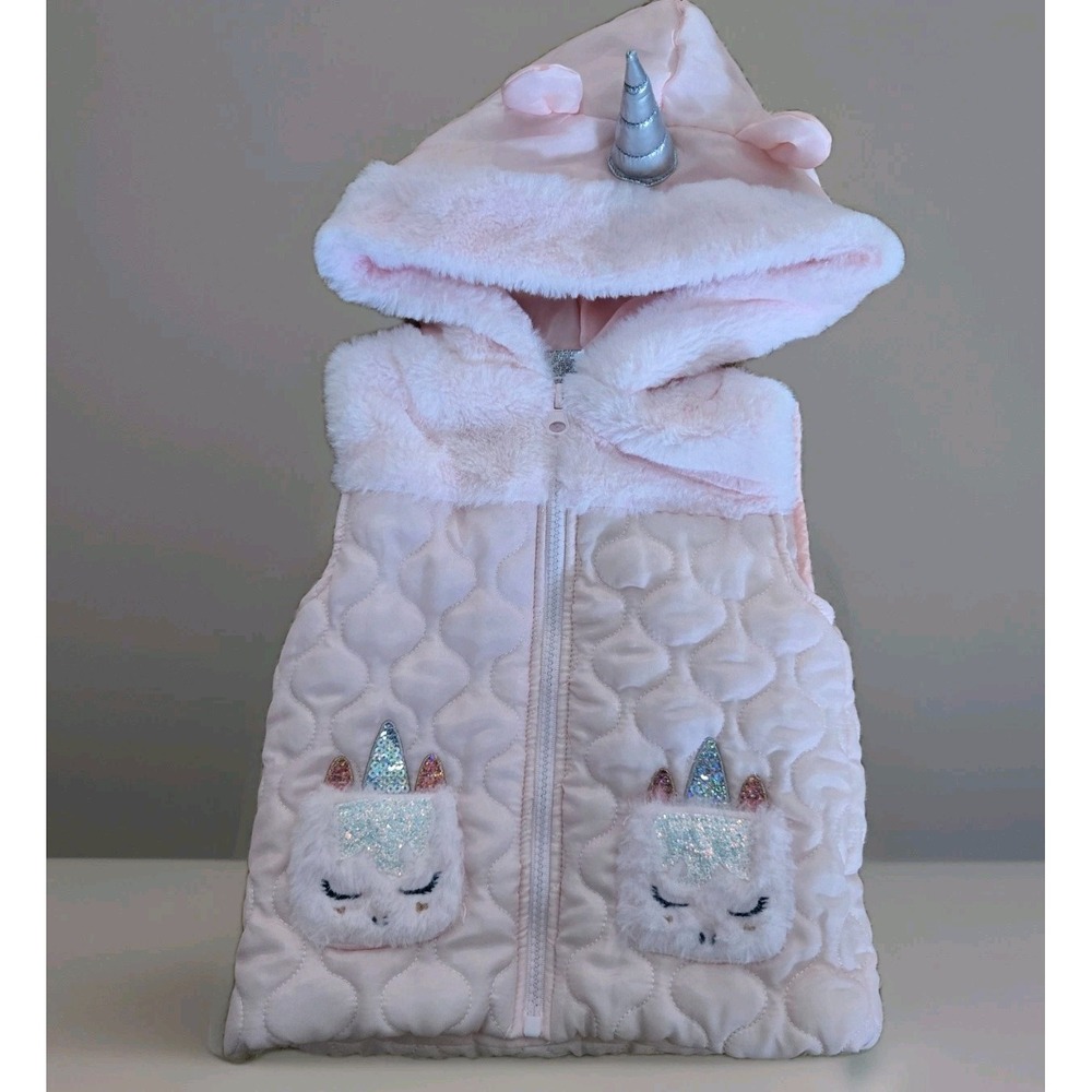 LITTLE LASS Girls Size 24M Pink Unicorn‎ Faux Fur Hoodie Quilted Vest Jacket